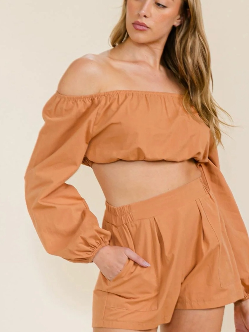 Off-Shoulder Crop Top in Camel